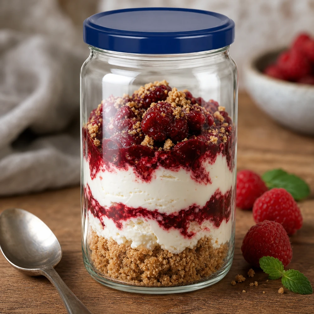 Vaso redondo de 795 ml con tapa azul UNiTWIST relleno con un postre de capas de crema de bayas y migas de galleta sobre una mesa de madera