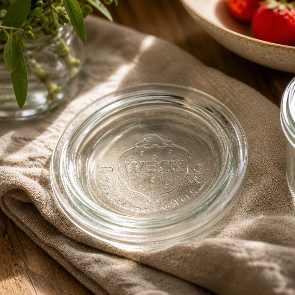 Tapa de cristal WECK RR40 Tapa de tarro WECK RR40 sobre paño de cocina con decoración - elegante presentación para una conservación sostenible