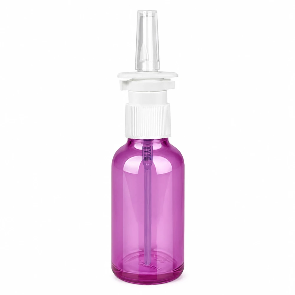 Frasco pulverizador nasal de 30 ml de color púrpura transparente con cabezal pulverizador blanco para aplicaciones médicas