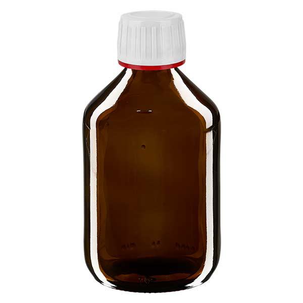 Frasco medicamento 300ml marrón, tapón blanco con precinto rojo ApoGlas Frasco medicamento 300ml marrón, tapón blanco con precinto rojo ApoGlas