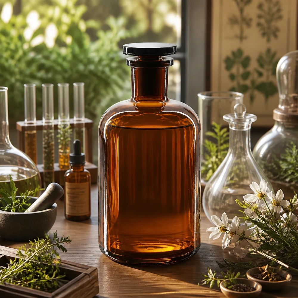 Botella de vidrio de cuello estrecho, 500 ml, de color marrón, con tapón, para productos químicos y reactivos
