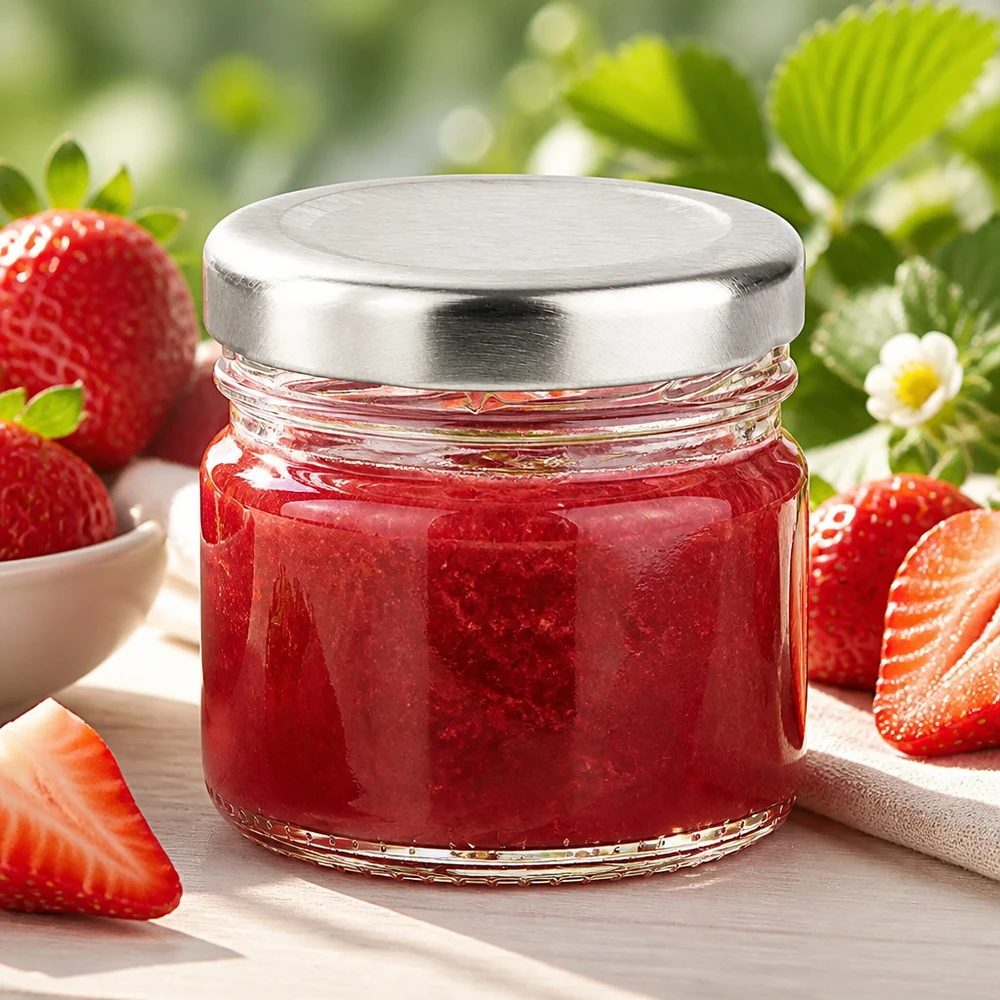 Frasco redondo de cristal de 33 ml con tapa BasicSeal plateada, lleno de mermelada de fresa roja y rodeado de fresas frescas