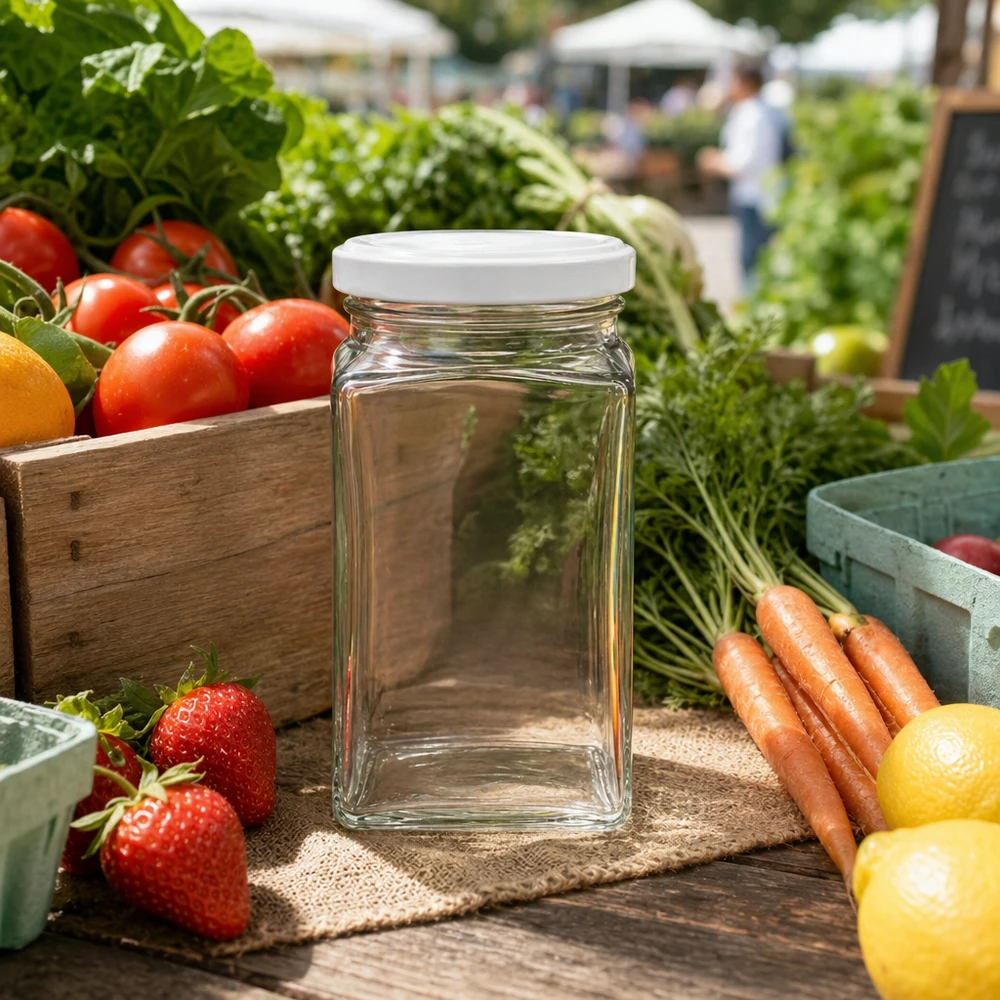 Vaso tetra de 260 ml BasicSeal blanco sobre una mesa de madera rodeado de frutas y verduras frescas en un ambiente de mercado semanal