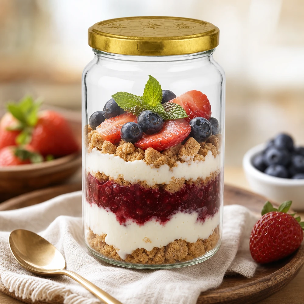 Tarro redondo 795ml + tapa BasicSeal panal UNiTWIST Vaso redondo de 795 ml con tapa dorada como vaso de postre para trifle de bayas con yogur y sprinkles