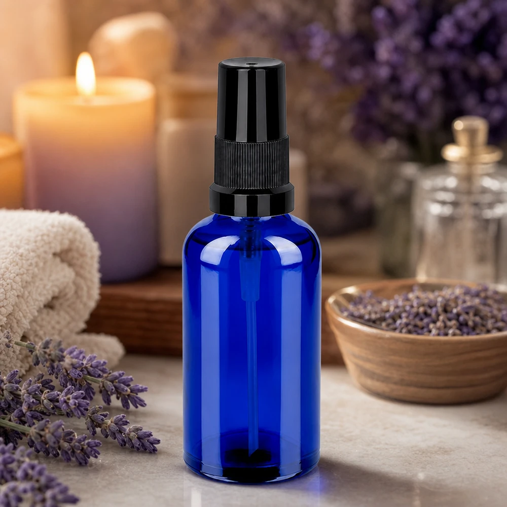 Frasco pulverizador compacto de 50 ml en elegante color azul con cabezal pulverizador ergonómico para facilitar su manejo