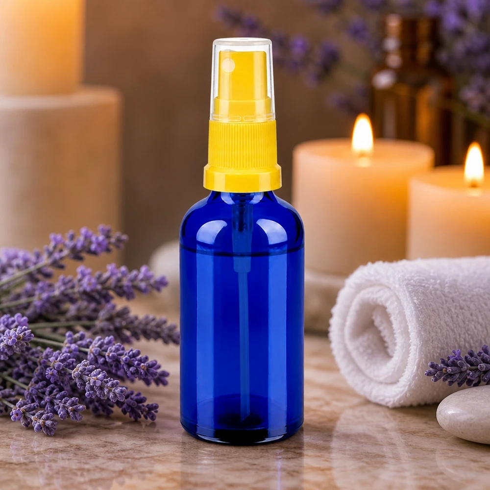 Frasco pulverizador compacto de 50 ml en azul cobalto con mecanismo de bombeo transparente para una dosificación precisa