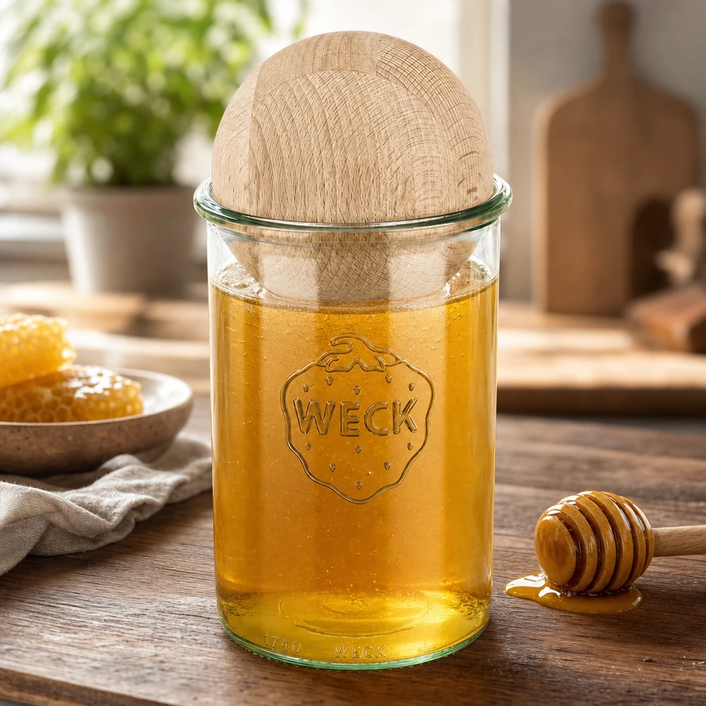 Vasos WECK 1000ml llenos de miel y tapa de bola de haya, cuchara de miel y panal sobre mesa de madera en cocina natural