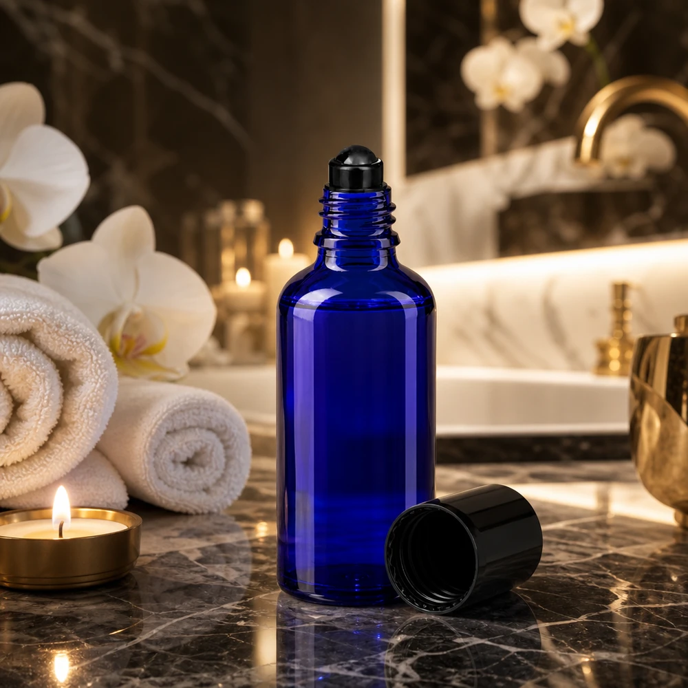 Frasco de farmacia azul de cristal de 50 ml con aplicador roll-on en un lujoso ambiente de baño