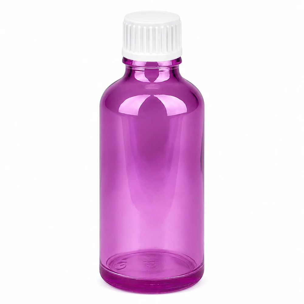 Frasco cuentagotas de 50ml 0,9mm blanco estándar PurpleLine. UT18/50 Frasco cuentagotas de 50 ml de color púrpura transparente con tapón blanco para una dosificación precisa