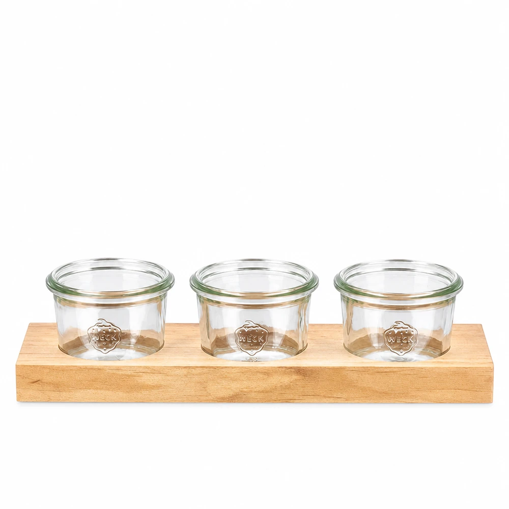 Tabla de madera Plano3 con 3 vasos Weck de 80 ml para salsas, condimentos y aperitivos