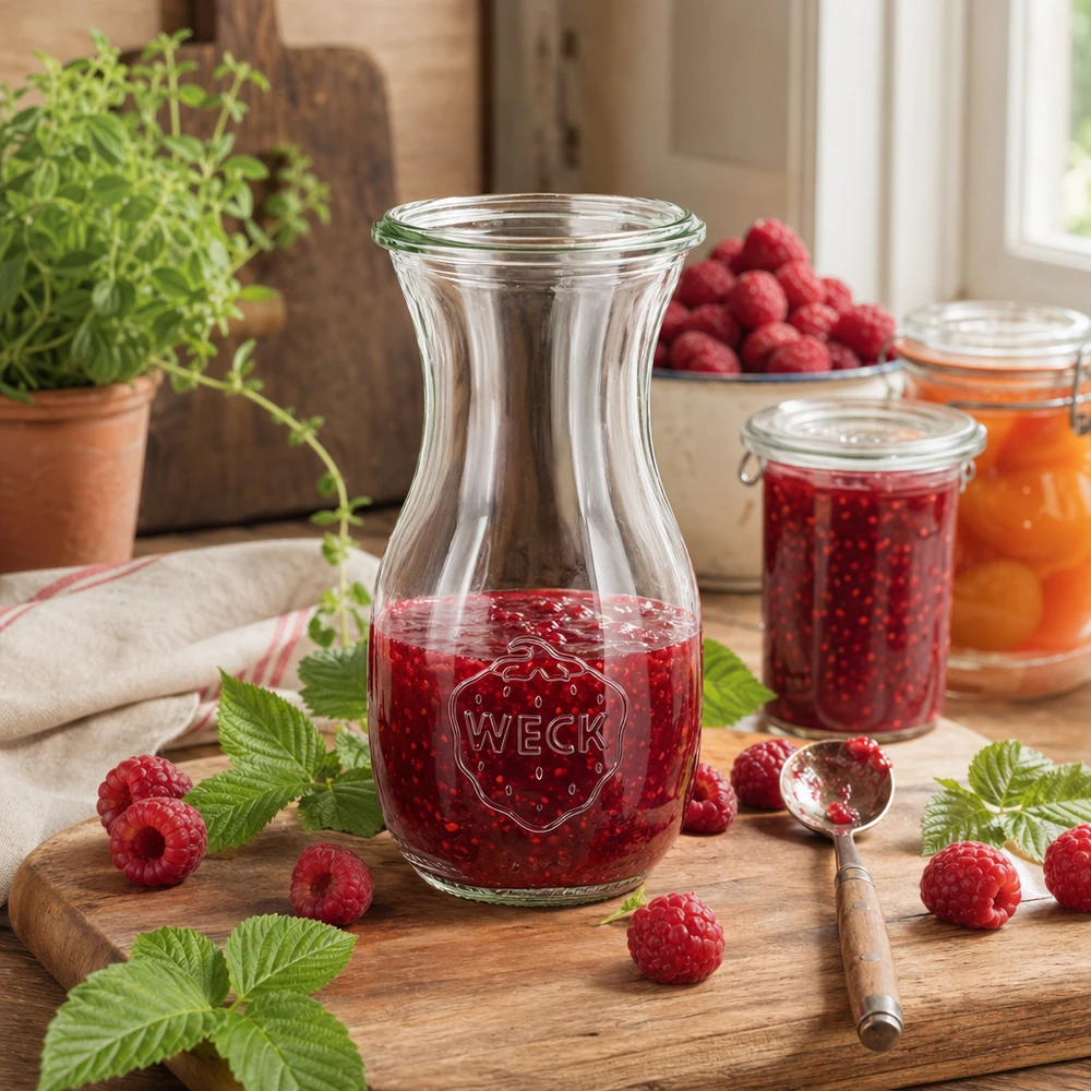Botella para zumo WECK RR60 de 290 ml Botella de zumo WECK 290ml RR60 rellena de mermelada de frambuesa rodeada de frambuesas frescas y hojas de menta sobre una tabla de madera