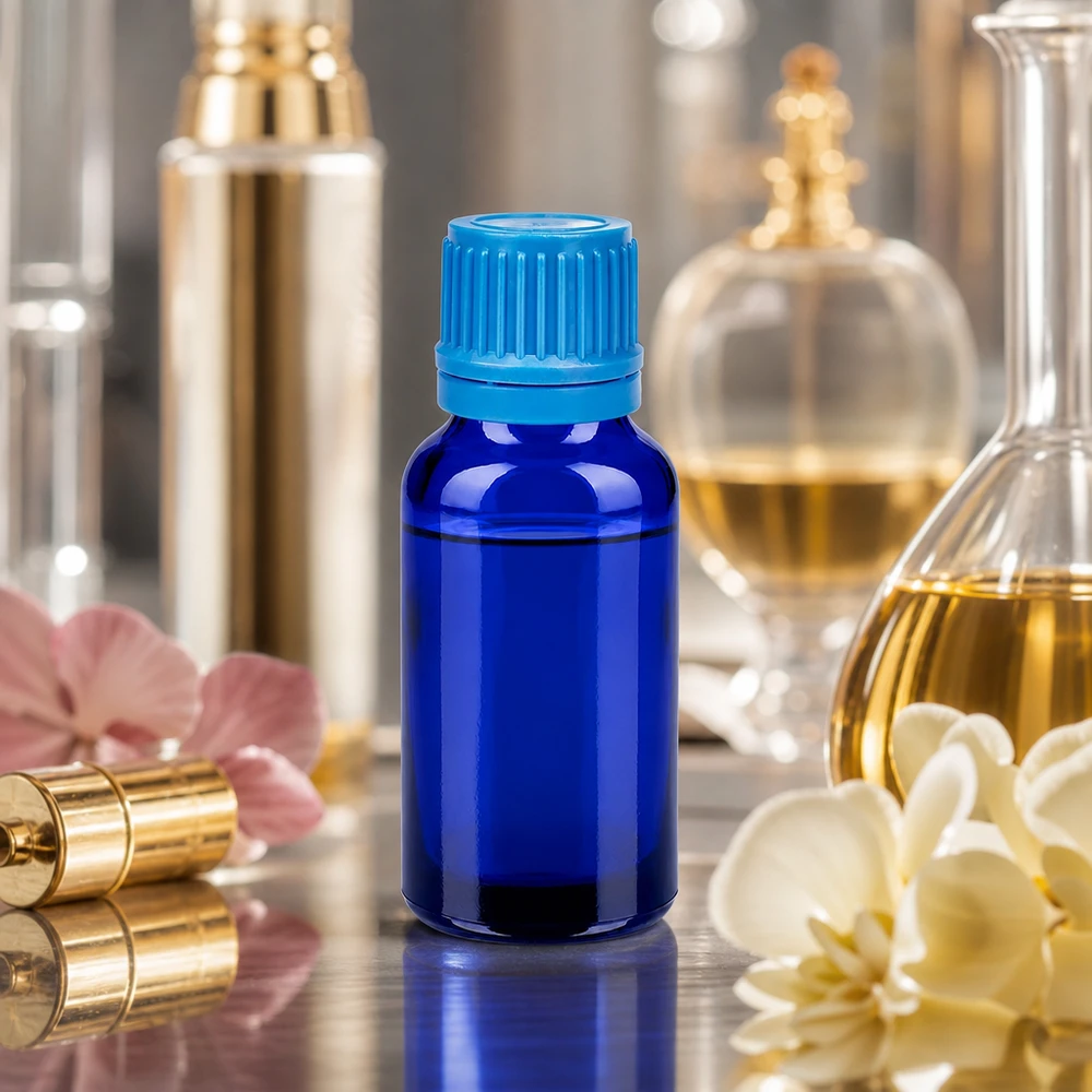 Elegante frasco de 20 ml de robusto vidrio cobalto con práctico tapón cuentagotas para cosméticos