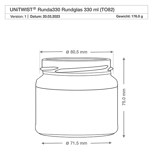 Tarro de cristal redondo de 330ml sin tapa (TO82) UNiTWIST UNiTWIST Runda330 vaso redondo 330ml TO82 dibujo técnico con dimensiones diámetro 71,5mm altura 75mm peso 176g