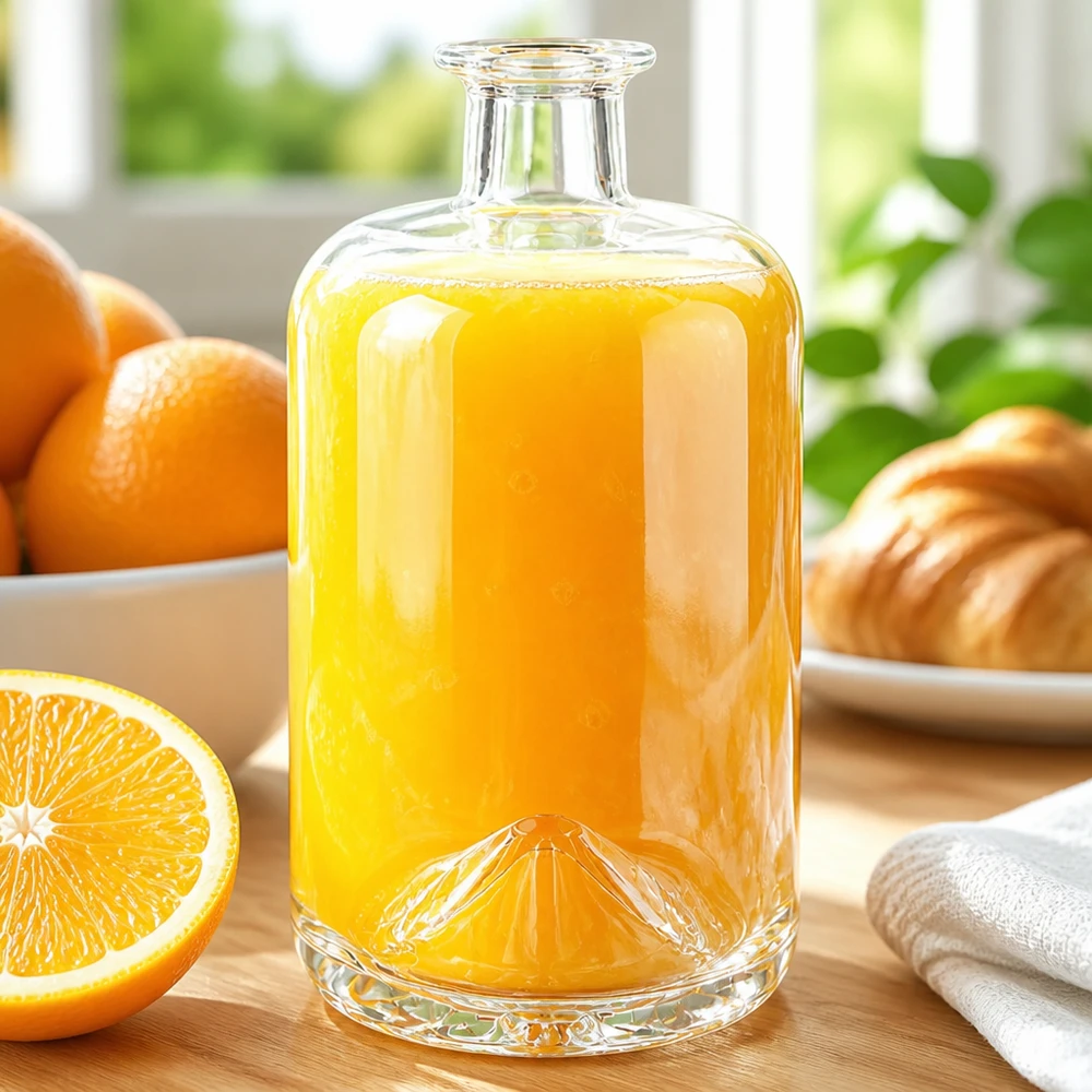 Botella de farmacia de 700 ml «Sofia» sin tapón UNiTWIST® Botella de cristal de 700 ml de Sofía llena de zumo de naranja junto a naranjas frescas y cruasanes en una soleada escena de desayuno