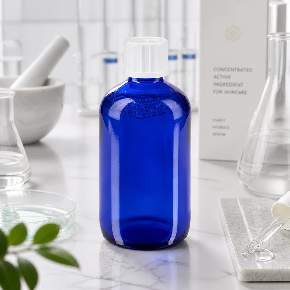 Botella de farmacia azul 100ml tapón cuentagotas blanco a prueba de niños estándar Frasco de farmacia azul cobalto de 100 ml con tapón de rosca blanco sobre una base de mármol en el laboratorio