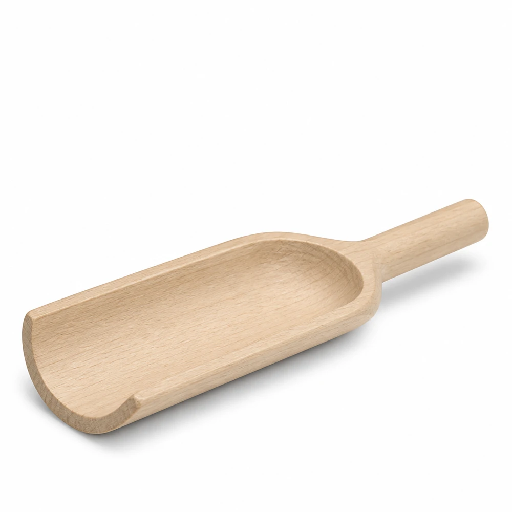 Pala de madera tamaño L forma plana - 180mm de largo Pala de madera L 18cm forma plana vista lateral muestra mango ergonómico y hoja de pala de madera natural