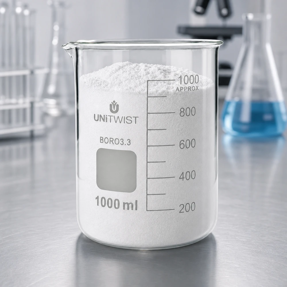 Vaso de precipitados UNiTWIST de 1000 ml, de borosilicato, de perfil bajo, lleno de polvo blanco en el laboratorio