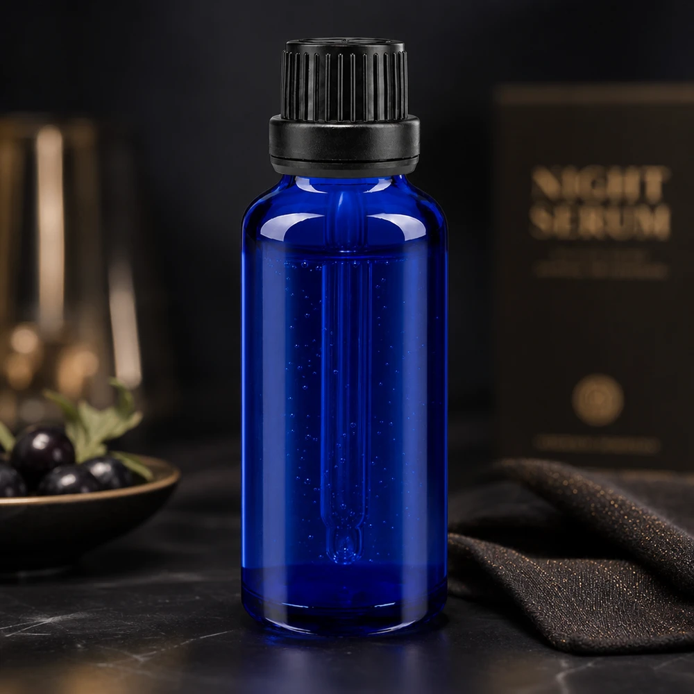 Botella de farmacia azul 30ml tapón cuentagotas anillo vertedor 2mm cierre inviolable negro Elegante frasco cuentagotas de 30 ml de cristal de farmacia azul cobalto con tapón de rosca estriado en color negro