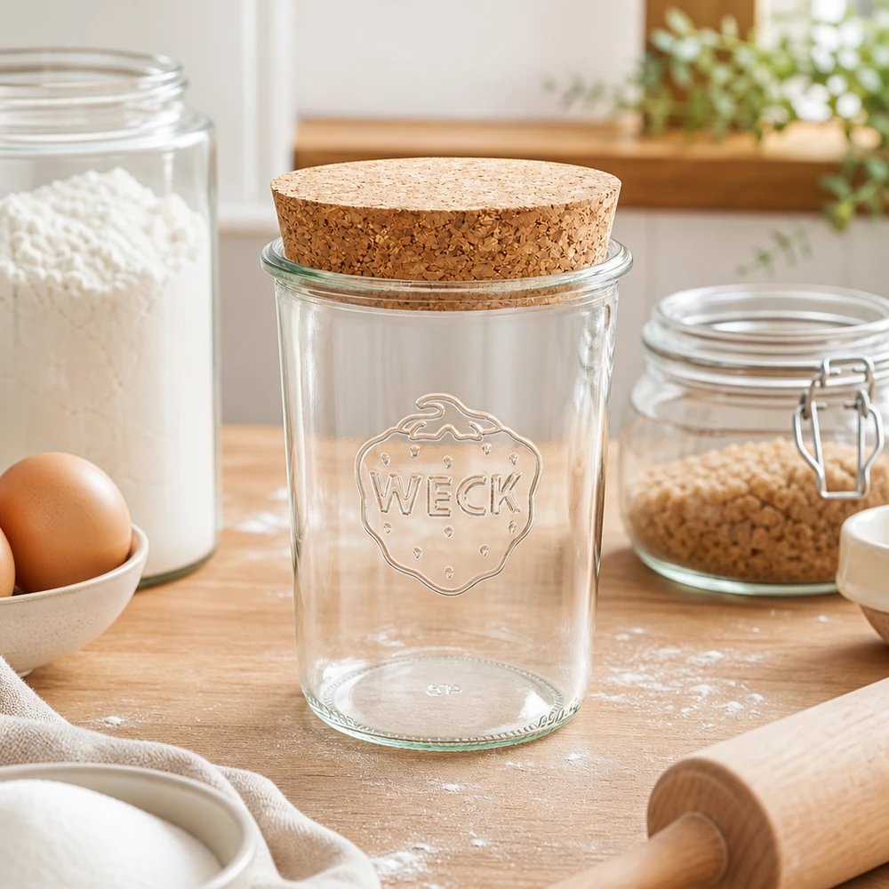 Vaso WECK 850ml RR100 con corcho natural sobre encimera de cocina entre harina, huevos y utensilios de repostería Escena de cocina
