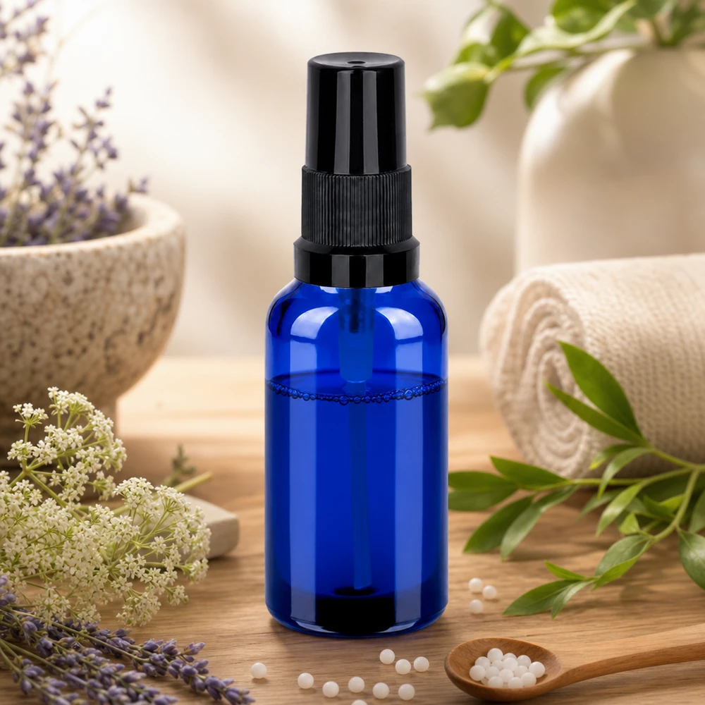 Práctico pulverizador de 30 ml de vidrio azul con robusto cabezal negro para mezclas aromáticas