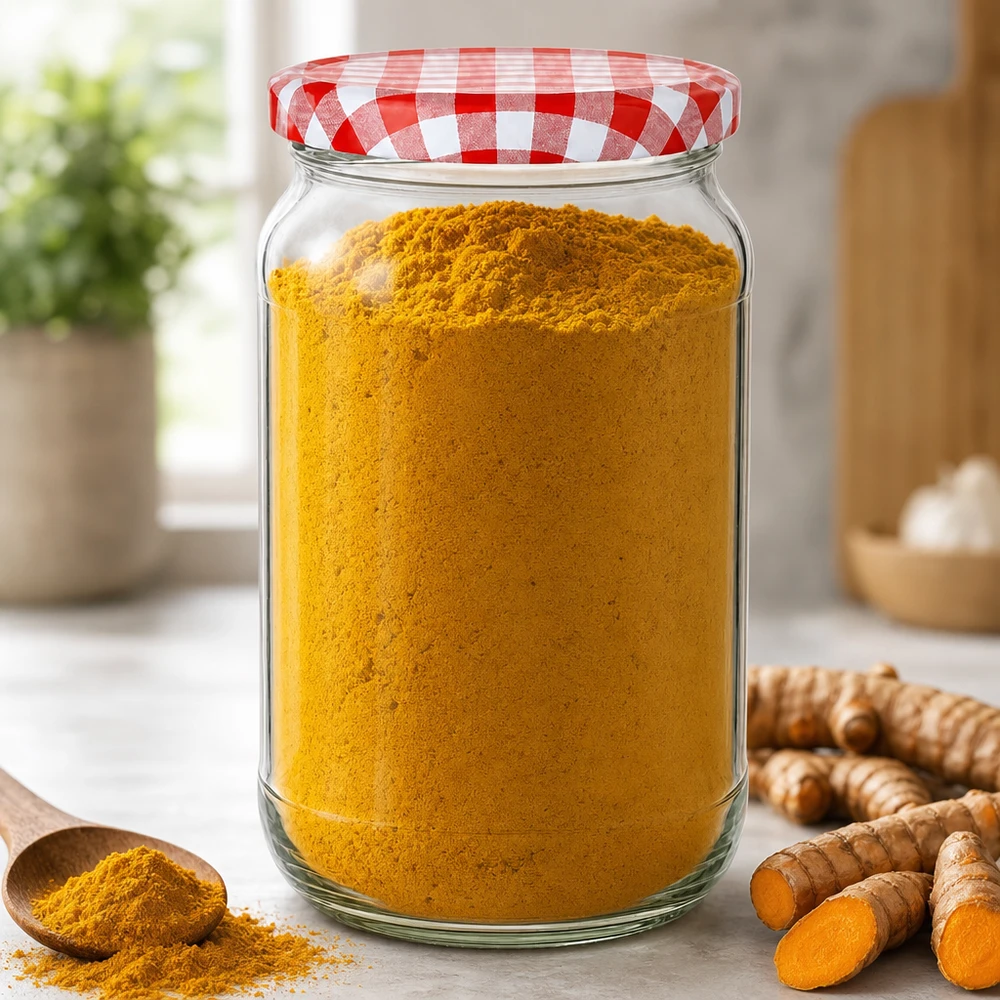 Tarro redondo de 1062 ml con tapa BasicSeal lleno de cúrcuma en polvo junto a raíces frescas de cúrcuma en una cocina moderna.