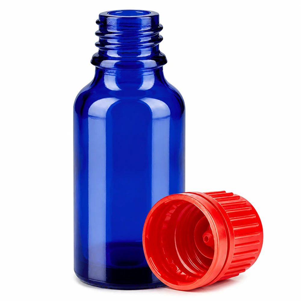 Frasco de vidrio azul de 20 ml con rosca de 11 mm y tapón rojo para aplicaciones de laboratorio