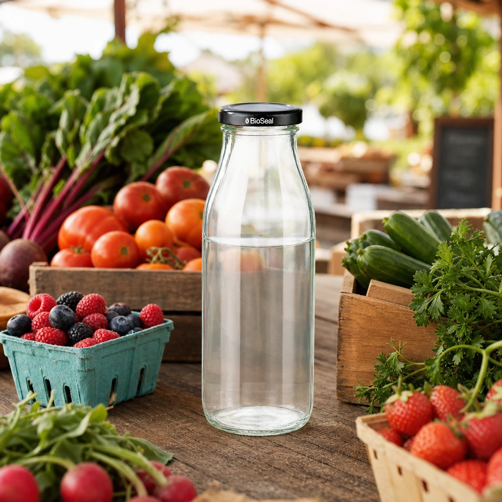 Botella de vidrio de 500 ml + tapa BioSeal negra UNiTWIST 500ml Glasflasche mit BioSeal Deckel zwischen frischem Marktgemüse Beeren und Kräutern in natürlicher Umgebung