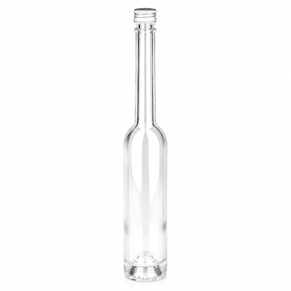 Botella de vidrio de 100 ml «Toni» sin tapón de rosca UNiTWIST® Botella de vidrio Toni de 100 ml con tapón de rosca plateado UNiTWIS para licores y aceites