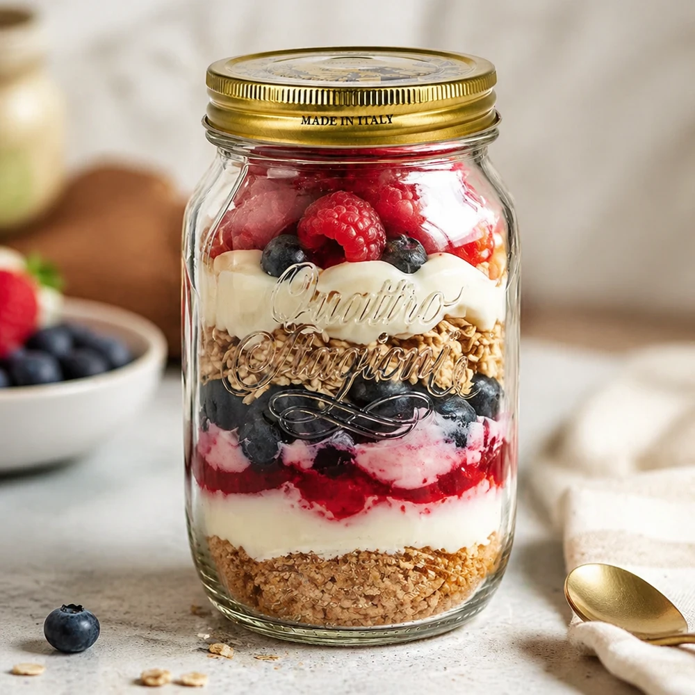 Tarro redondo "Quattro Stagioni" de 1000ml con tapa Quattro Stagioni Tarro de 1000 ml con capas de postre bayas yogur granola Tarro de conserva italiano Aplicación