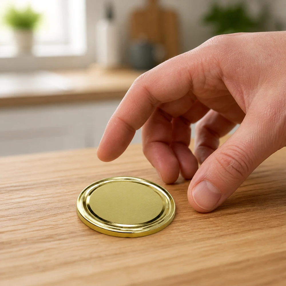 Una mano coge una tapa dorada BasicSeal Twist-Off de 66 mm (modelo TO66) de UNiTWIST sobre una mesa de madera