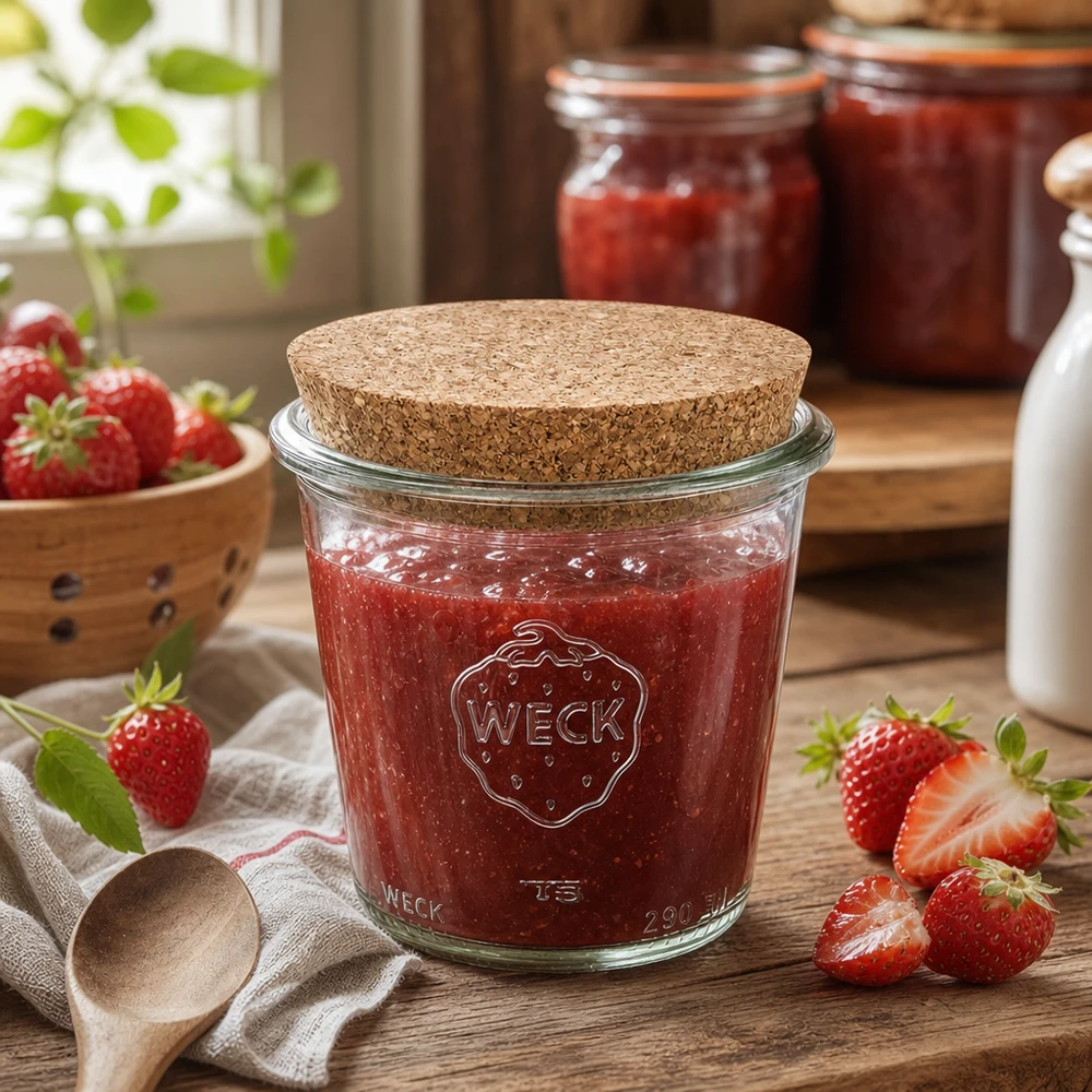 Tarro de conserva WECK 290ml con tapa de corcho lleno de mermelada de fresa en cocina rústica con fresas frescas