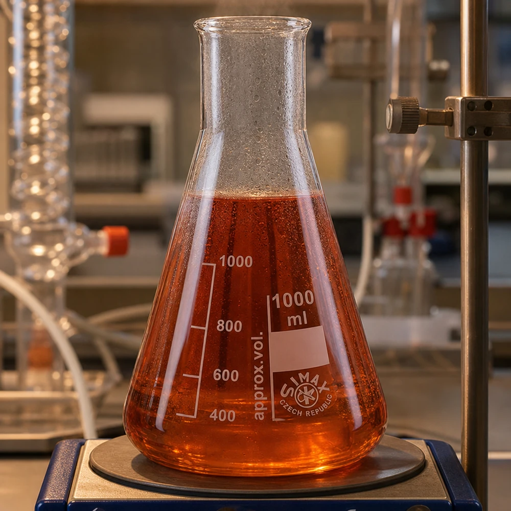 Erlenmeyer 100ml cuello ancho Matraz Erlenmeyer 100ml cuello ancho con químico rojo sobre balanza de laboratorio para análisis cuantitativos