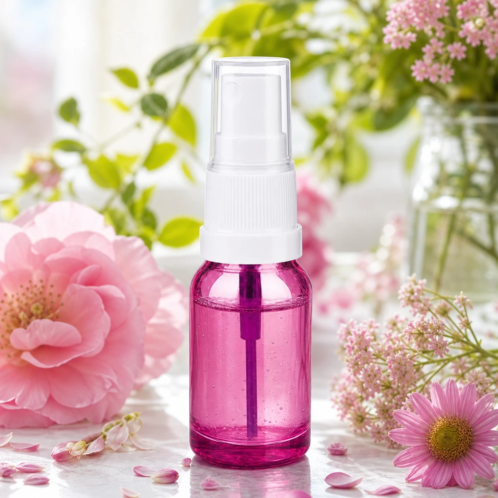 Frasco pulverizador de 10 ml de alta calidad fabricado en plástico transparente con un elegante diseño morado