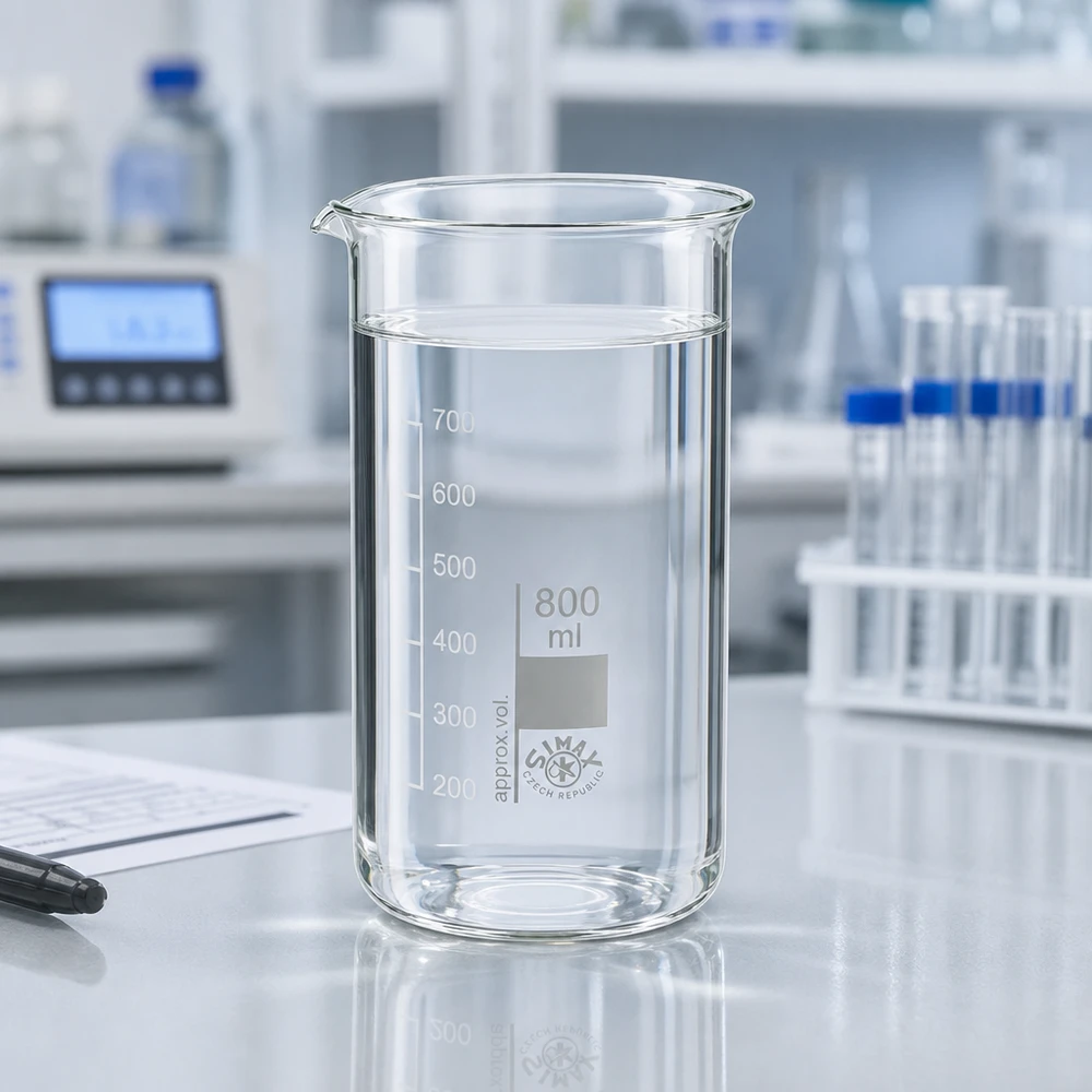 Vaso de precipitados de 800 ml, de forma alta, con un líquido transparente que alcanza un nivel de 700 ml, sobre una mesa de laboratorio blanca