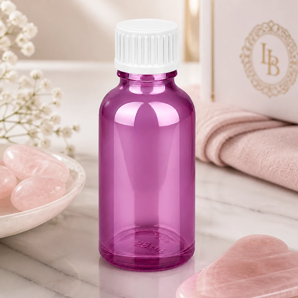 Frasco de 30 ml (glóbulo). Anillo vertedor de 3 mm blanco PurpleLine estándar. UT18/30 Envase de vidrio de 30 ml de color violeta transparente con tapón de rosca estriado para productos líquidos