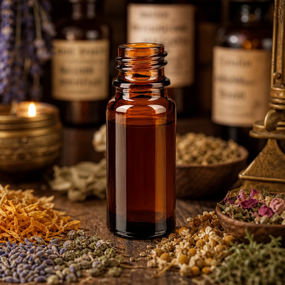 Frasco cuentagotas 10 ml DIN 18 de vidrio ámbar 10ml frasco de farmacia marrón ApoGlas entre hierbas secas y especias en farmacia tradicional