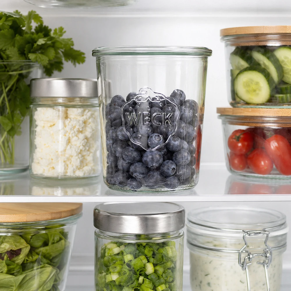 Vasos WECK RR100 de 850 ml llenos de arándanos en el frigorífico junto a otros tarros con verduras