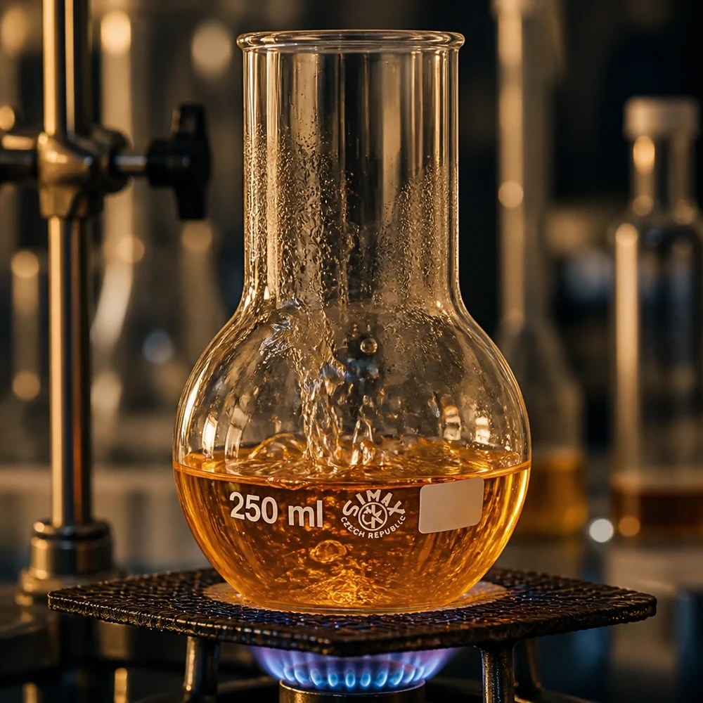 Matraz vertical de 250 ml con líquido dorado sobre quemador para procesos de destilación en el laboratorio