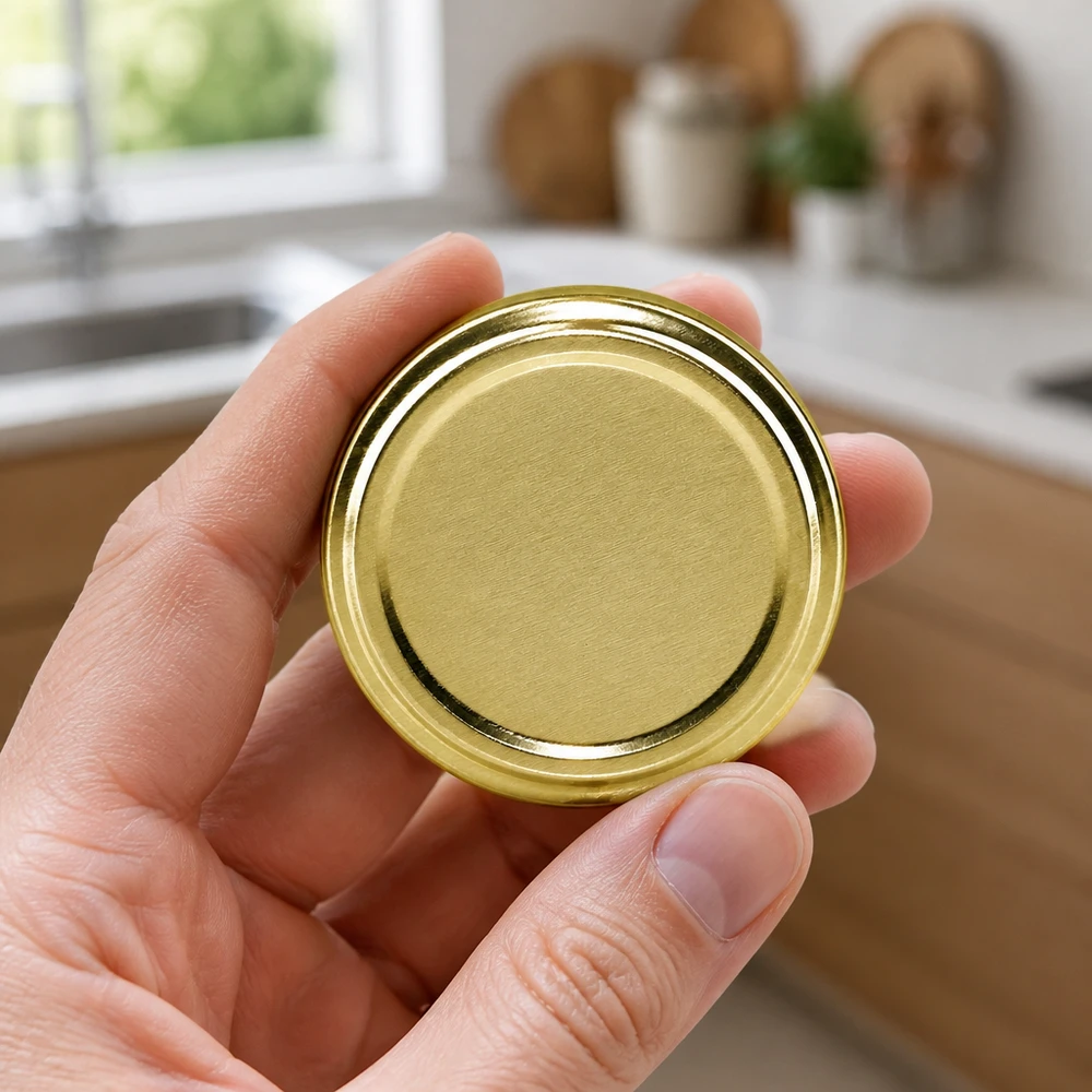 Tapa BasicSeal de 66 mm, color dorado (TO66) UNiTWIST Tapa dorada de rosca «Twist-Off» de 66 mm BasicSeal TO66 de UNiTWIST en la mano