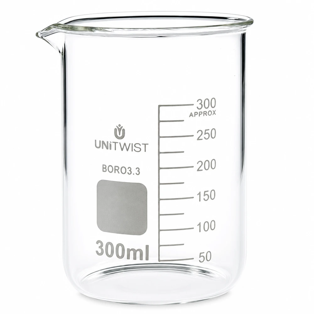 Vaso 300 ml borosilicato, molde bajo UNiTWIST Vaso de borosilicato de 300 ml de UNiTWIST, de forma baja, sobre fondo blanco