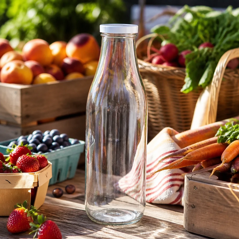 Botella de vidrio de 1000 ml + tapa BasicSeal blanca UNiTWIST 1000ml botella de vidrio vacía BasicSeal tapa blanco puesto de mercado de frutas frescas verduras bayas zanahorias paisaje al aire libre