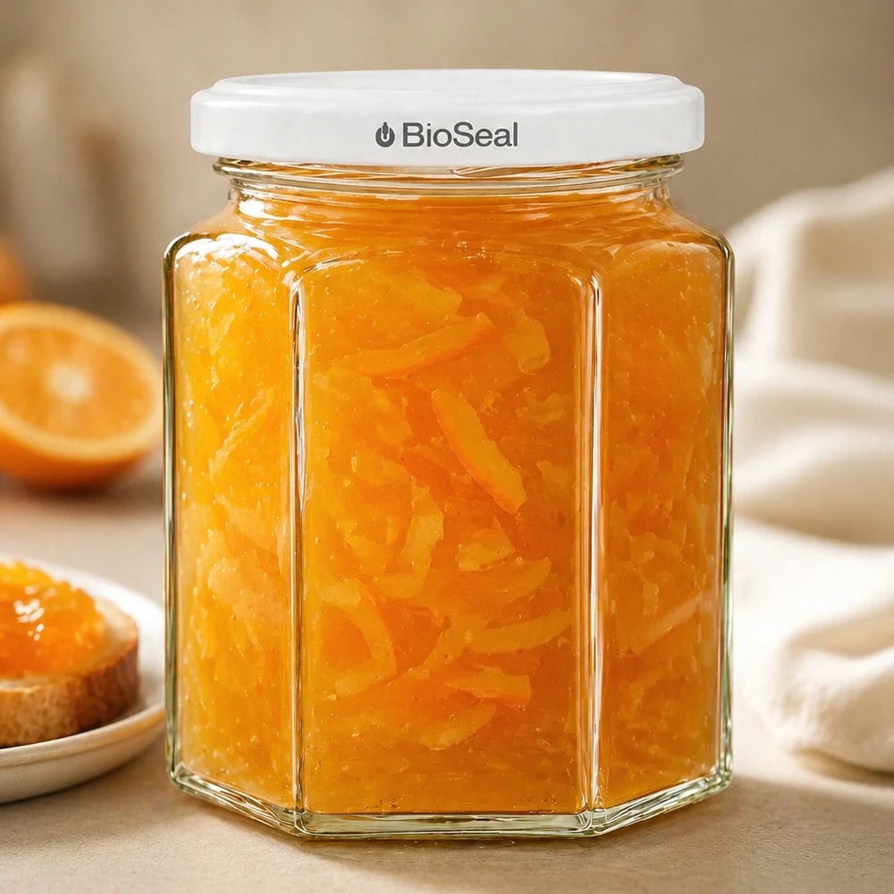 Tarro de mermelada UNiTWIST Hexa288 lleno de mermelada de naranja y tapa TO63 BioSeal blanca junto a una tostada