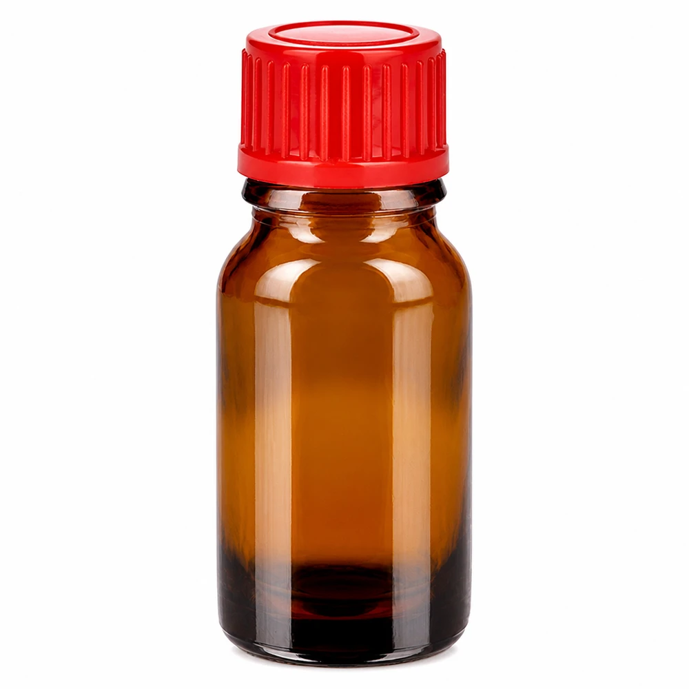 Frasco de vidrio ámbar de 10 ml con tapón de rosca rojo para aceites esenciales y medicamentos