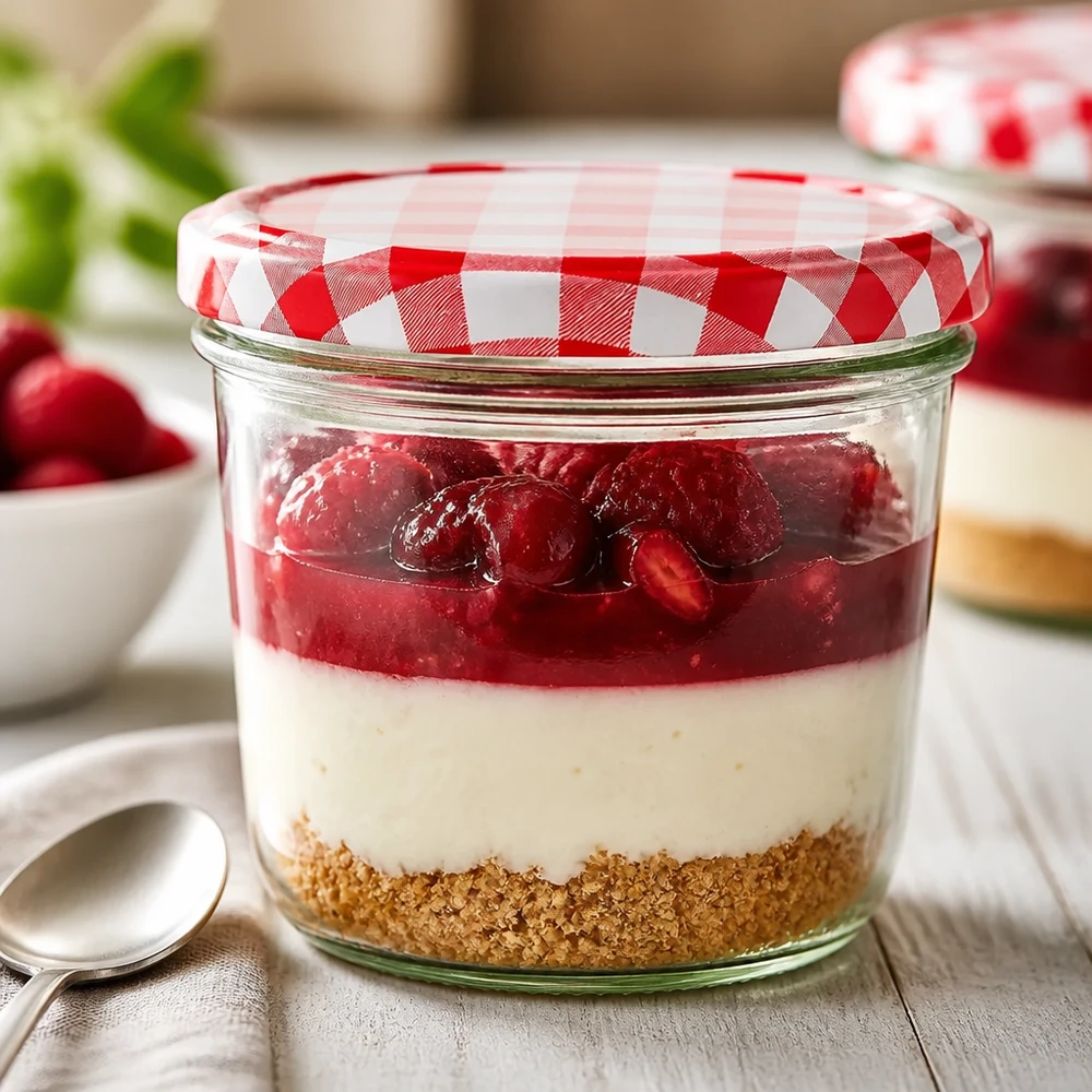 Vaso Drop de 230 ml como vaso de postre con capas de postre y tapón BasicSeal a cuadros rojos y blancos en una escena de cocina