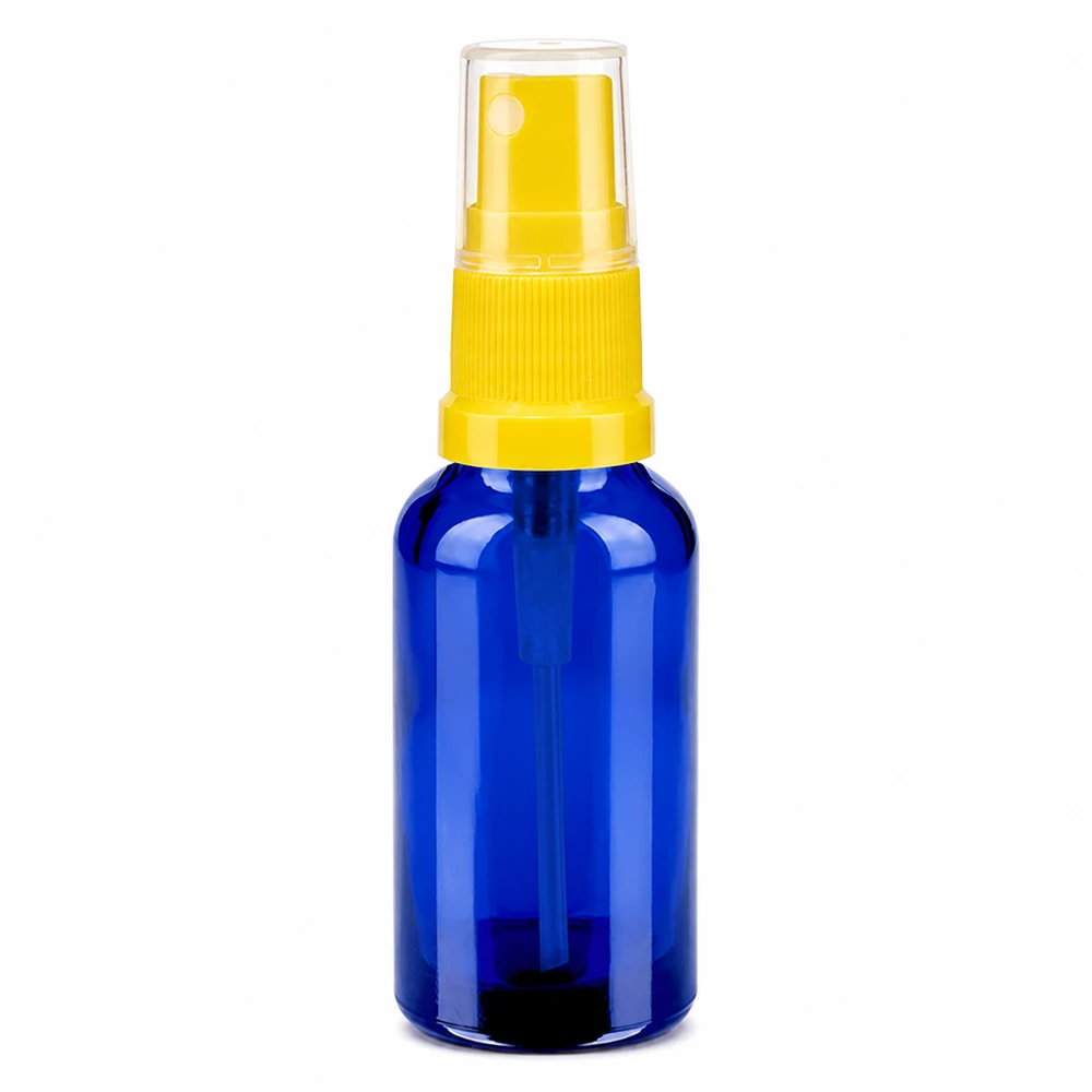 Frasco pulverizador de 30 ml de vidrio azul con atomizador de bomba amarillo para cosméticos y aceites esenciales