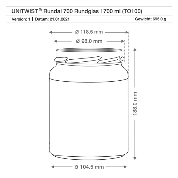 Tarro redondo de 1700ml sin tapa (TO100) UNiTWIST UNiTWIST Runda1700 vasos 1700ml TO100 dibujo técnico Dimensiones Dimensiones 118.5mm diámetro 188mm altura