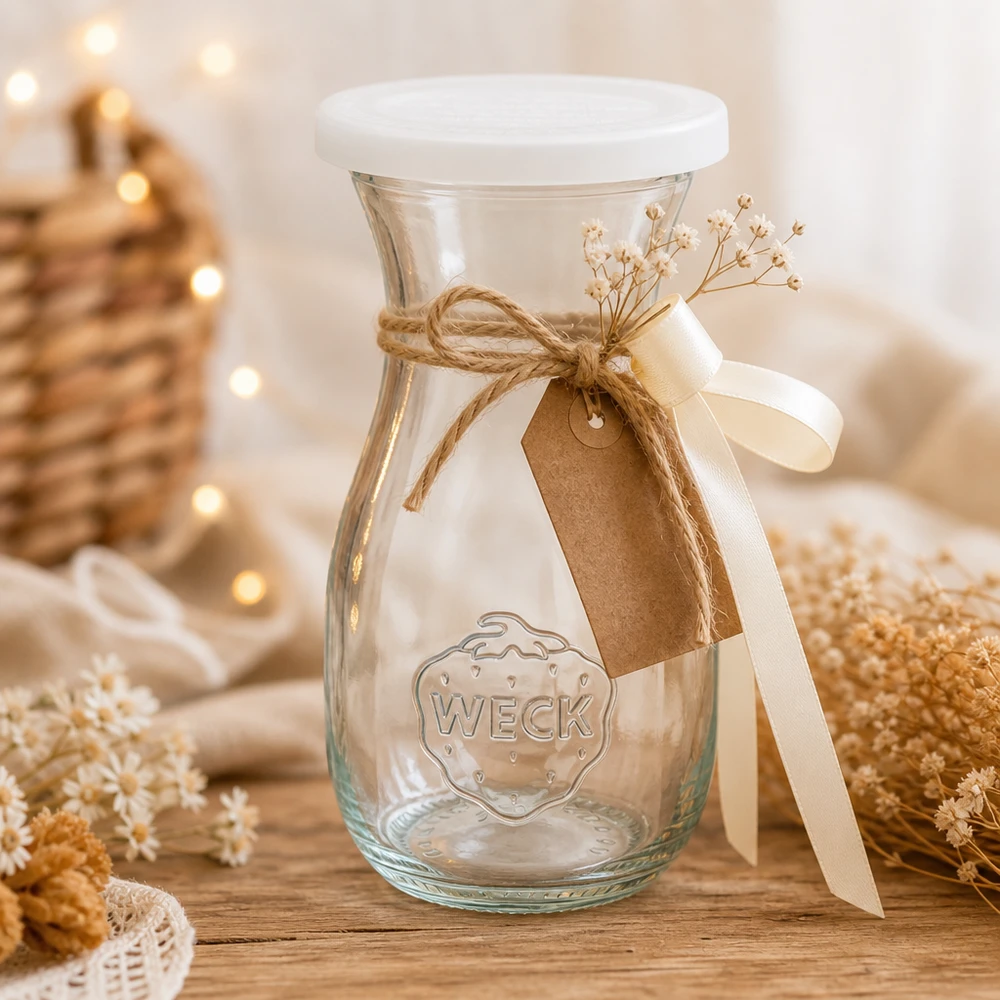 Botella de zumo WECK de 290 ml dispuesta decorativamente con colgante de cinta de yute y flores secas sobre mesa de madera con luz cálida