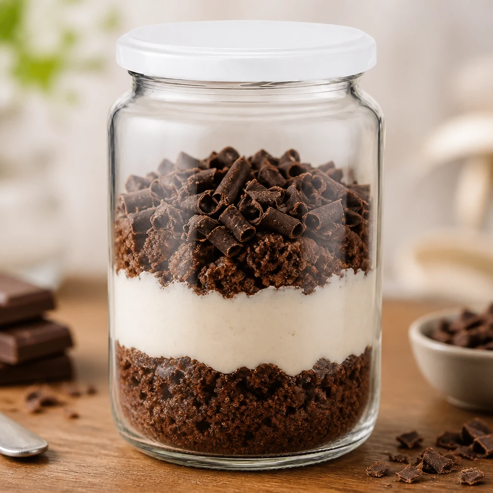 El vaso redondo UNiTWIST de 795 ml relleno de capas de postre de chocolate muestra su uso práctico como vaso de postre