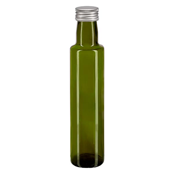 Botella de rosca de 250 ml redonda verde oliva con tapón plateado