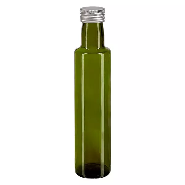 Botella de rosca de 250 ml redonda verde oliva con tapón plateado